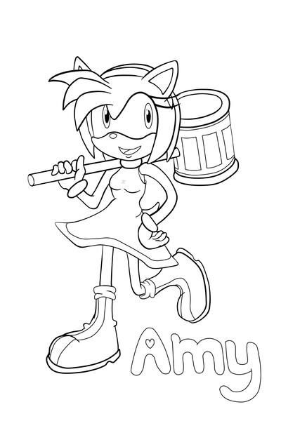 Amy Rose with a Piko Piko Hammer coloring pages, Sonic the Hedgehog  coloring pages 