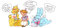 toy chica, toy bonnie, and bb lookin at some magazines