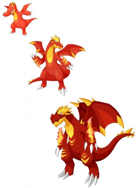 Pyrodrake: a fire/dragon-type pokémon resembling a majestic dragon engulfed  in flames. it has a serpentine body covered in fiery scales, glowing red  eyes, and large wings capable of creating scorching gusts of