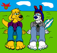 Doggett and Oceanfade sitting on the grass
