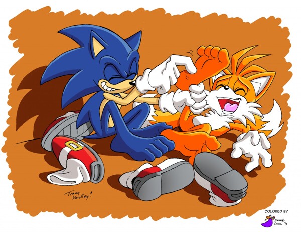 Sonic and Tails tickle by Tracy Yardley by SorcererLance.