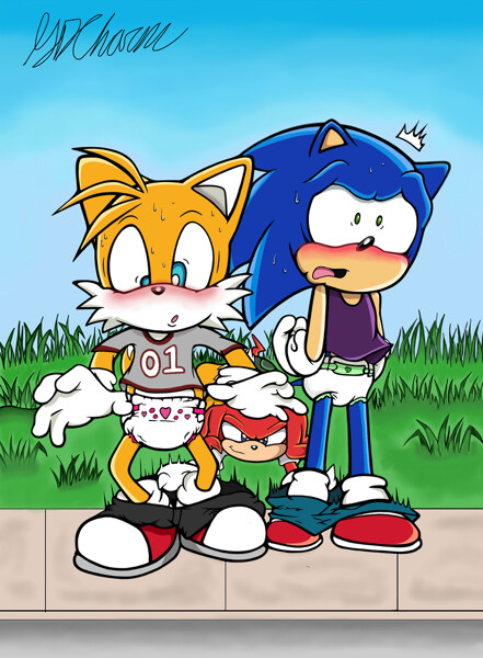 Knuckles decides to be a jerk and takes down Sonic and Tails' pant...