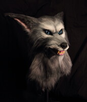 Scary grey werewolf fursuit head. snarls