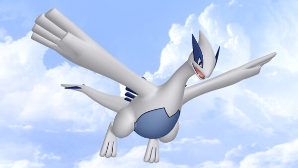 Close up of the Pokémon lugia focusing on the feet in a blue sky background