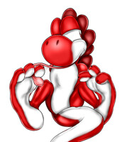 Red Yoshi licking his own paws