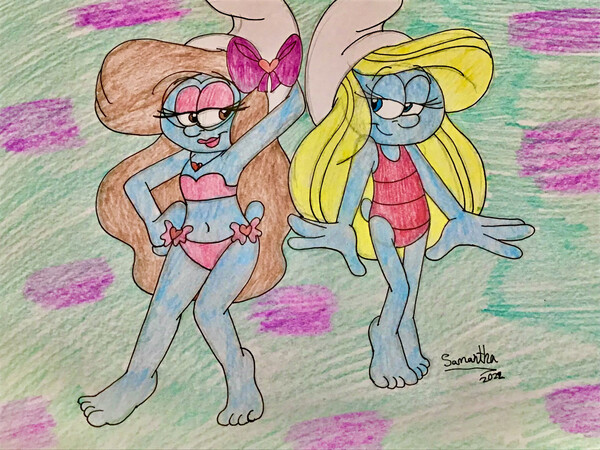 Samantha and Smurfette Wears Swimsuits by MissCutieTastic Fur