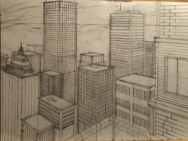 Premium Photo | A black and white drawing of a city with tall buildings  generative ai