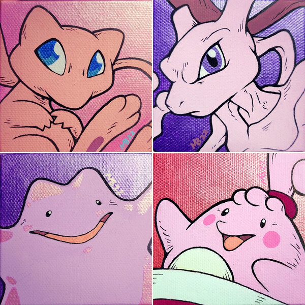 mew, mewtwo, and ditto (pokemon) drawn by arvalis