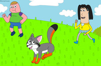 a gray fox running with 2 children
