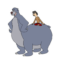 A Boy riding on Baloo the Centaur Bear