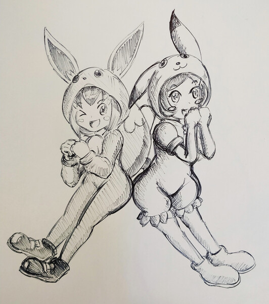 pikachu and eevee (pokemon and 1 more) drawn by pirosiki025