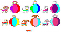 Skye and her pups in beachball swimsuits