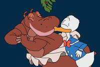 Hyacinth hippo kissing Donald Duck under the mistletoe