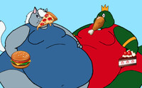 Fat leotard wolf and crocodile eating junk food
