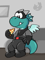 Dragon is eating pizza
