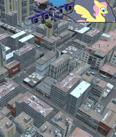 Fluttershy dropping a mutagenic bomb on a city.