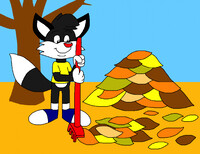 Raymond the Fox Raking a Leaves in the Autumn