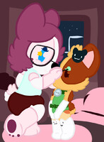 A Nuggy helps Cosmin put on makeup.