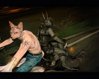 Sparks and Damian on a motorcycle