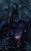 Neytiri riding a thanator