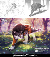 Sketch, line art, and illustration with colors and effects.